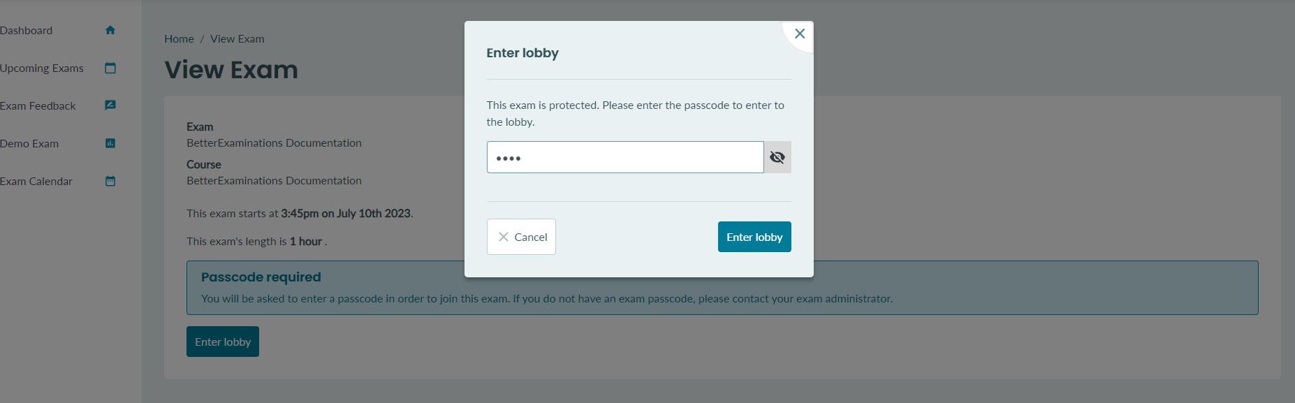 Protecting Exams with a Passcode - BetterExaminations Documentation