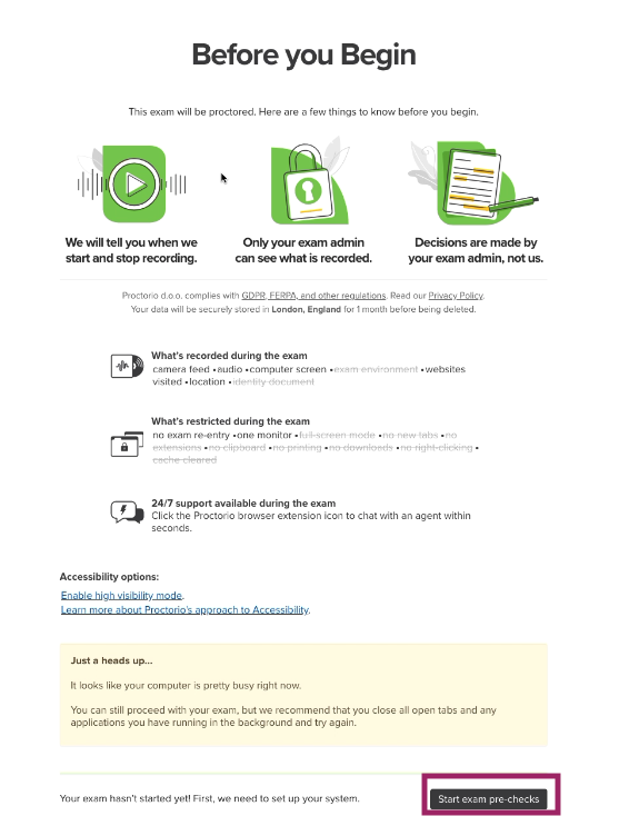 Proctoring pre-check screen